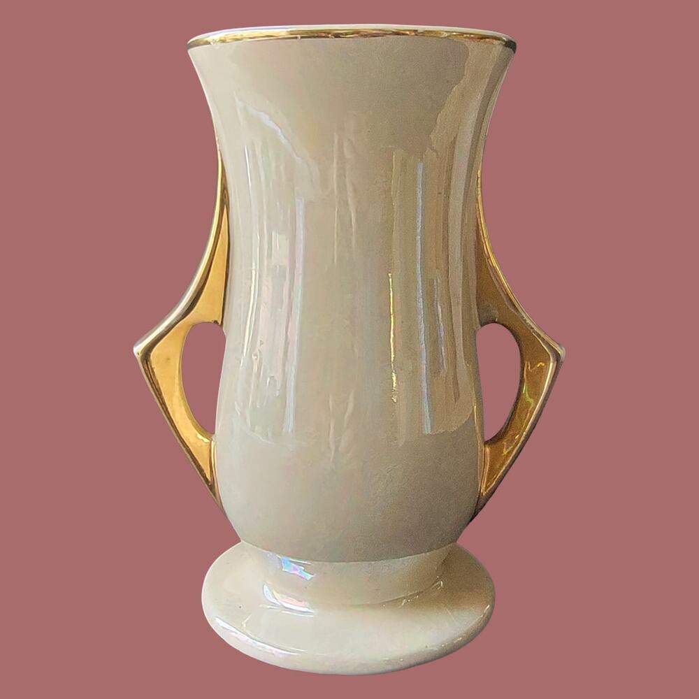 Vintage 1950s Pearl China Co Footed 7" Vase with 22K Gold Double Handles